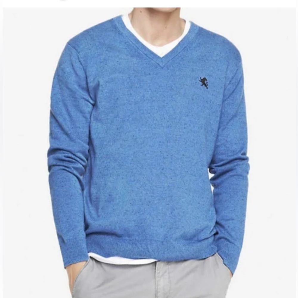 Express Light Blue V-Neck 💯 Cotton Sweater with Navy Logo